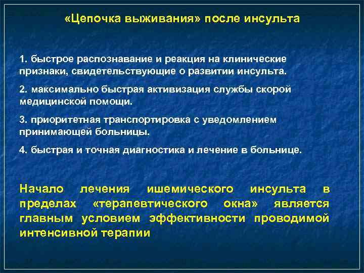  «Цепочка выживания» после инсульта 1. быстрое распознавание и реакция на клинические признаки, свидетельствующие