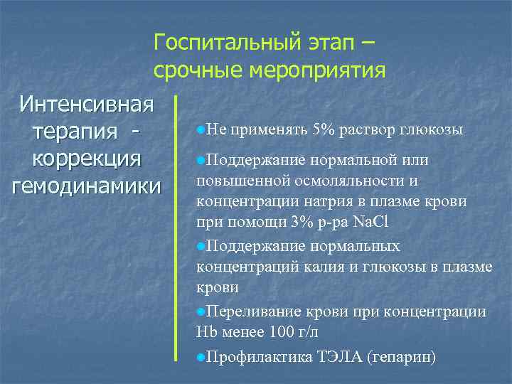 Госпитальный этап – срочные мероприятия Интенсивная l. Не применять 5% раствор глюкозы терапия l.
