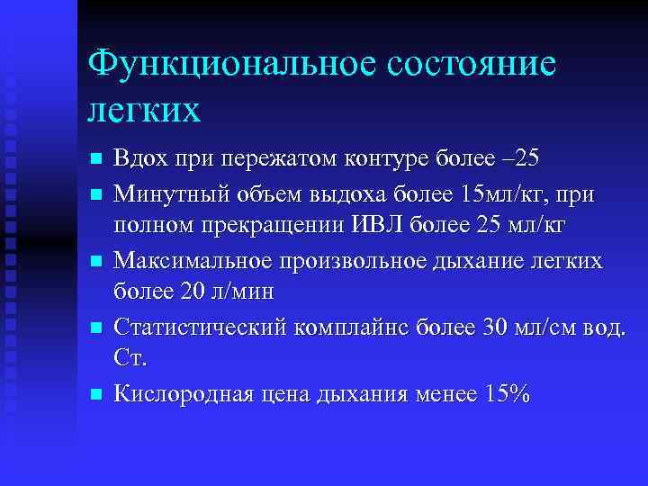 Функциональное состояние легких n n n Вдох при пережатом контуре более – 25 Минутный