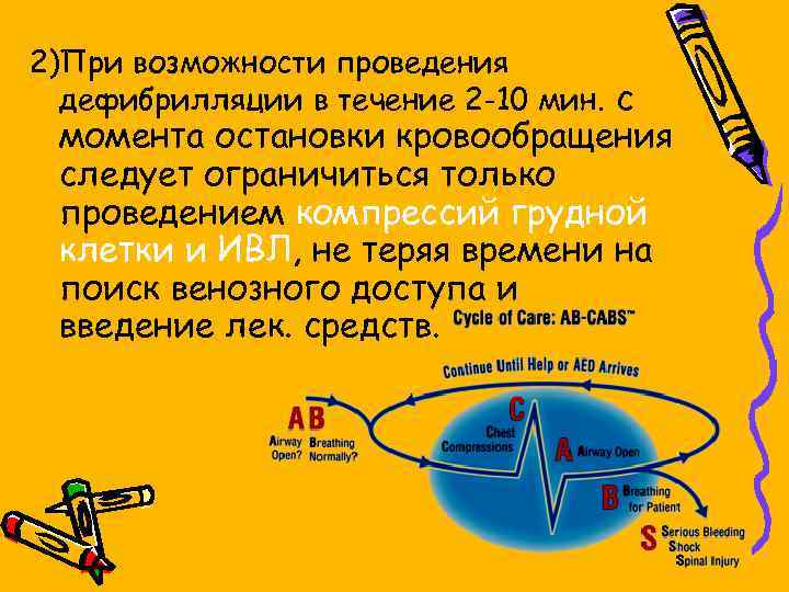 2)При возможности проведения дефибрилляции в течение 2 -10 мин. с момента остановки кровообращения следует