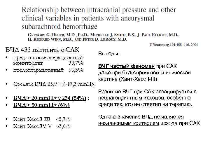 ВЧД 433 пациента с САК • пред- и послеоперационный мониторинг 33, 7% • послеоперационный
