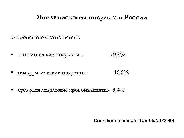 Эпидемиология инсульта в России В процентном отношении: • ишемические инсульты • геморрагические инсульты -