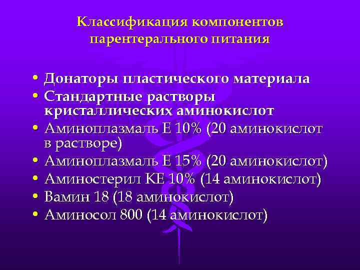 Классификация компонентов парентерального питания • Донаторы пластического материала • Стандартные растворы кристаллических аминокислот •