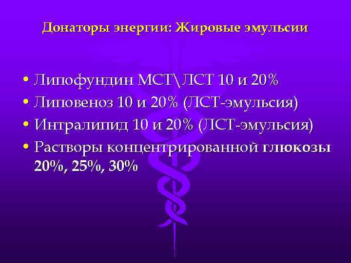 Донаторы энергии: Жировые эмульсии • Липофундин МСТЛСТ 10 и 20% • Липовеноз 10 и