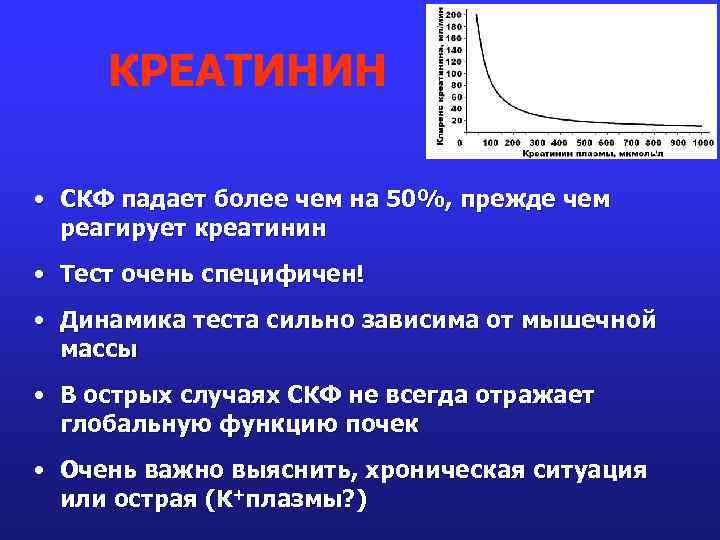 КРЕАТИНИН • СКФ падает более чем на 50%, прежде чем реагирует креатинин • Тест