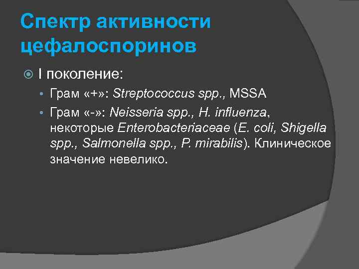 Спектр активности цефалоспоринов I поколение: • Грам «+» : Streptococcus spp. , MSSA •