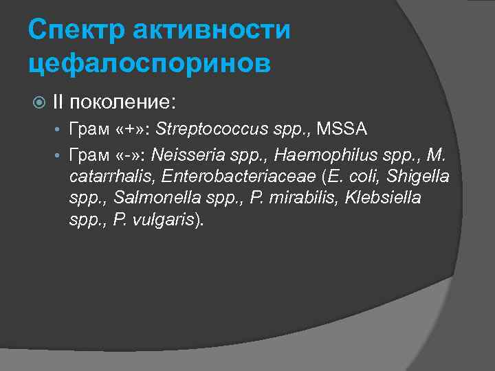 Спектр активности цефалоспоринов II поколение: • Грам «+» : Streptococcus spp. , MSSA •