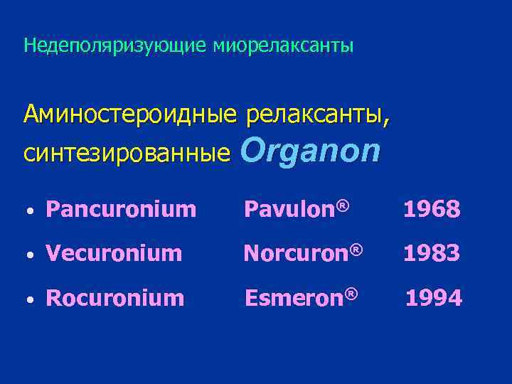 Недеполяризующие миорелаксанты Аминостероидные релаксанты, синтезированные Organon • Pancuronium Pavulon® 1968 • Vecuronium Norcuron® 1983