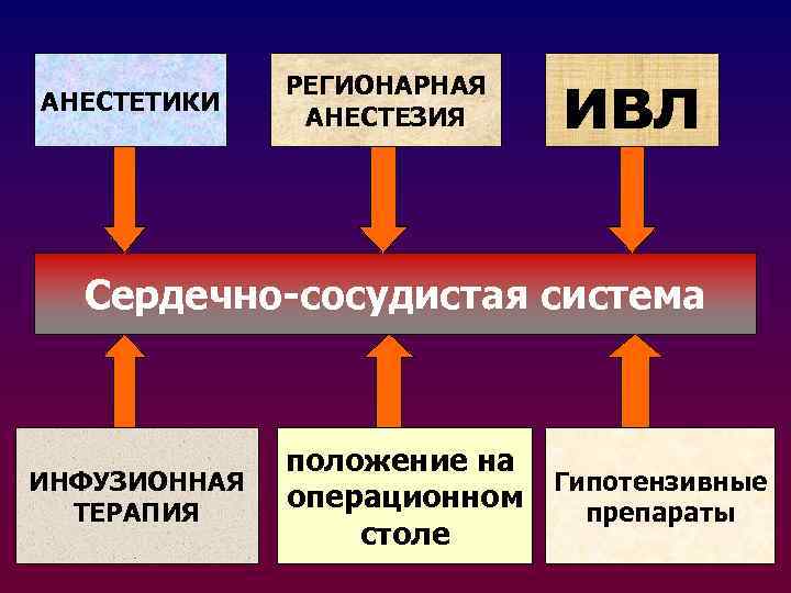 АНЕСТЕТИКИ РЕГИОНАРНАЯ АНЕСТЕЗИЯ ивл Сердечно-сосудистая система ИНФУЗИОННАЯ ТЕРАПИЯ положение на Гипотензивные операционном препараты столе