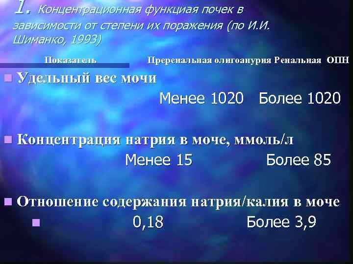 1. Концентрационная функциая почек в зависимости от степени их поражения (по И. И. Шиманко,