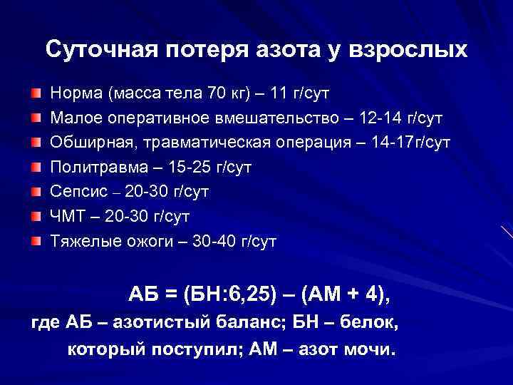 Суточная потеря азота у взрослых Норма (масса тела 70 кг) – 11 г/сут Малое