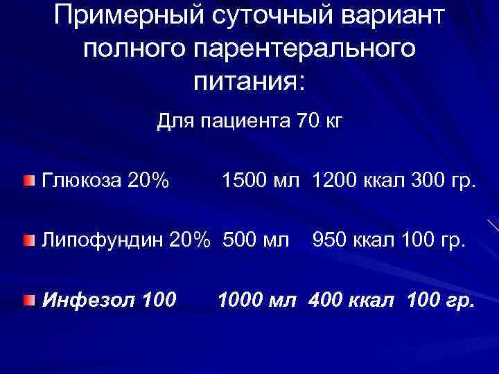 Примерный суточный вариант полного парентерального питания: Для пациента 70 кг Глюкоза 20% 1500 мл