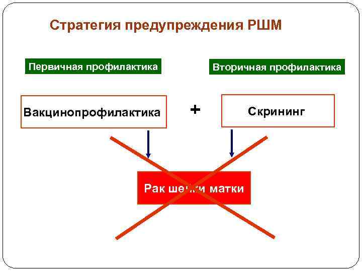 Стратегия предупреждения РШМ Первичная профилактика Вакцинопрофилактика Вторичная профилактика + Рак шейки матки Скрининг 