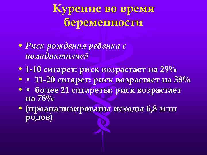 Курение во время беременности • Риск рождения ребенка с полидактилией • 1 -10 сигарет: