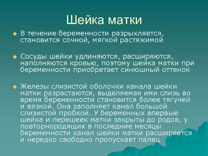 Шейка матки u В течение беременности разрыхляется, становится сочной, мягкой растяжимой u Сосуды шейки