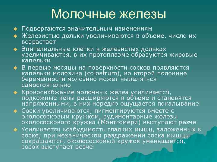 Молочные железы u u u u Подвергаются значительным изменениям Железистые дольки увеличиваются в объеме,