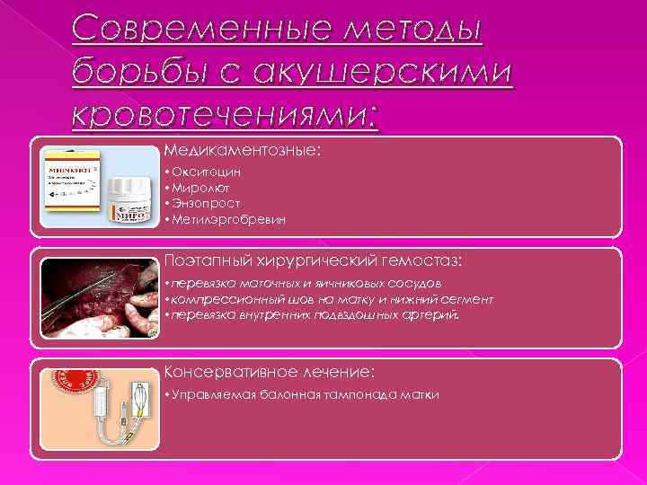 Современные методы борьбы с акушерскими кровотечениями: Медикаментозные: • Окситоцин • Миролют • Энзопрост •