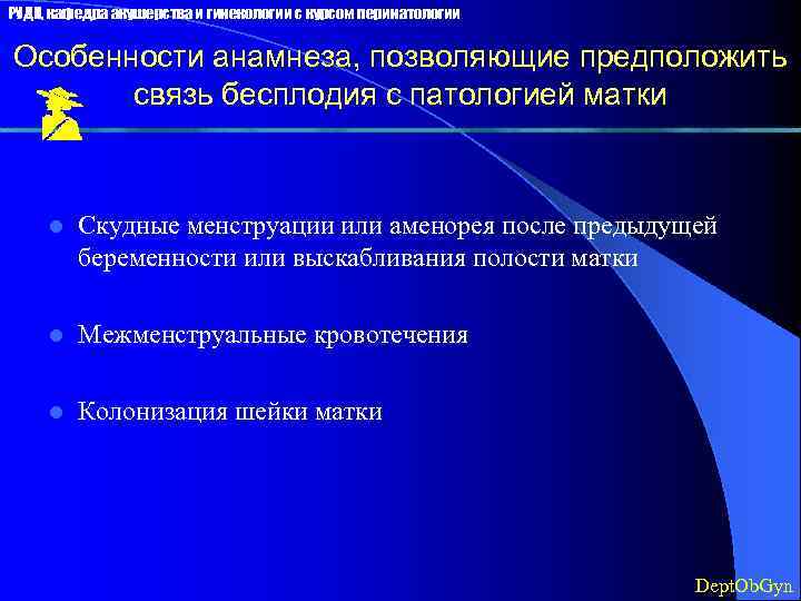 РУДН, кафедра акушерства и гинекологии с курсом перинатологии Особенности анамнеза, позволяющие предположить связь бесплодия