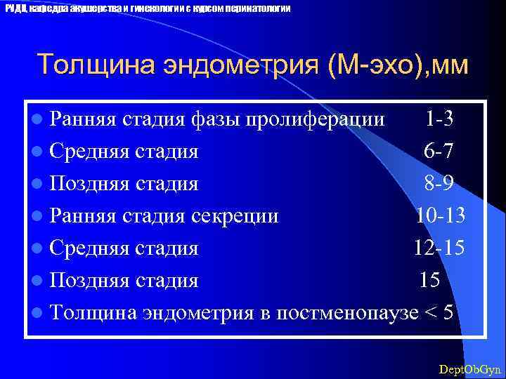 РУДН, кафедра акушерства и гинекологии с курсом перинатологии Толщина эндометрия (М-эхо), мм l Ранняя