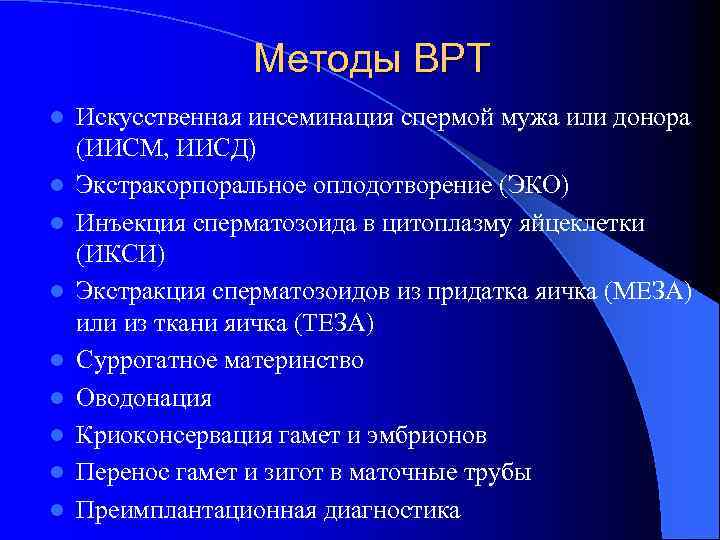 Методы ВРТ l l l l l Искусственная инсеминация спермой мужа или донора (ИИСМ,