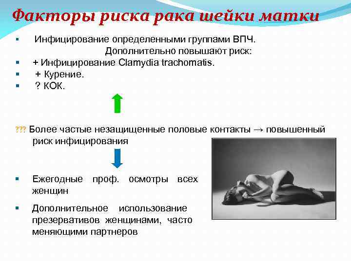 Факторы риска рака шейки матки § § Инфицирование определенными группами ВПЧ. Дополнительно повышают риск: