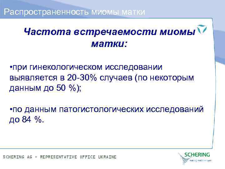 Распространенность миомы матки Частота встречаемости миомы матки: • при гинекологическом исследовании выявляется в 20