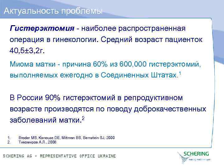 Актуальность проблемы Гистерэктомия - наиболее распространенная операция в гинекологии. Средний возраст пациенток 40, 5±