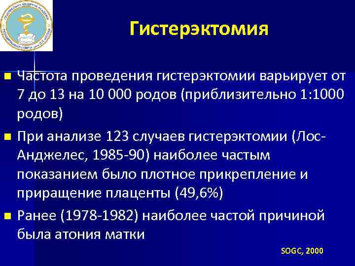 Гистерэктомия Частота проведения гистерэктомии варьирует от 7 до 13 на 10 000 родов (приблизительно