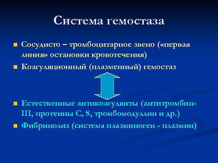 Система гемостаза n n Сосудисто – тромбоцитарное звено ( «первая линия» остановки кровотечения) Коагуляционный