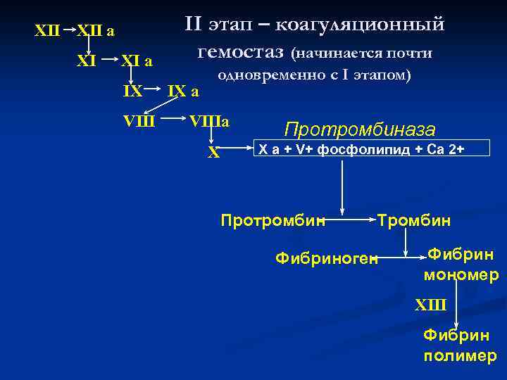 XII a XI XI a IX VIII II этап – коагуляционный гемостаз (начинается почти