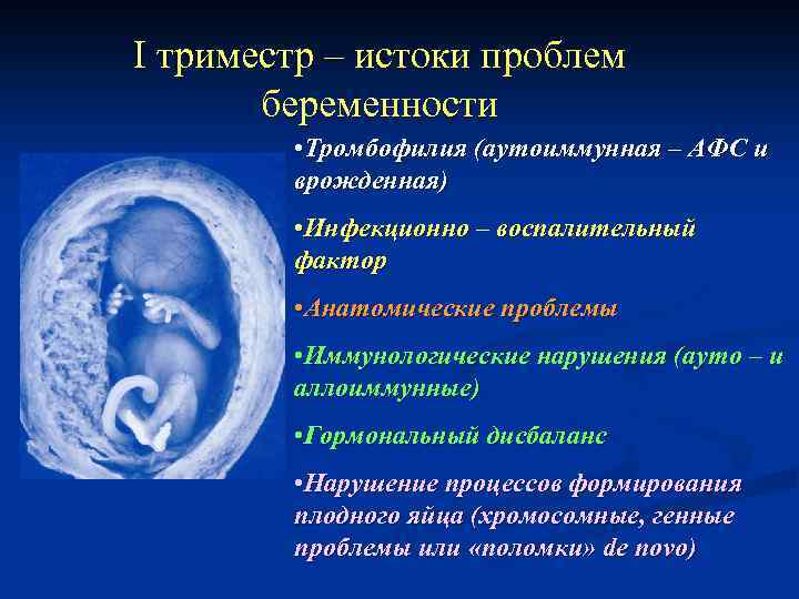 I триместр – истоки проблем беременности • Тромбофилия (аутоиммунная – АФС и врожденная) •