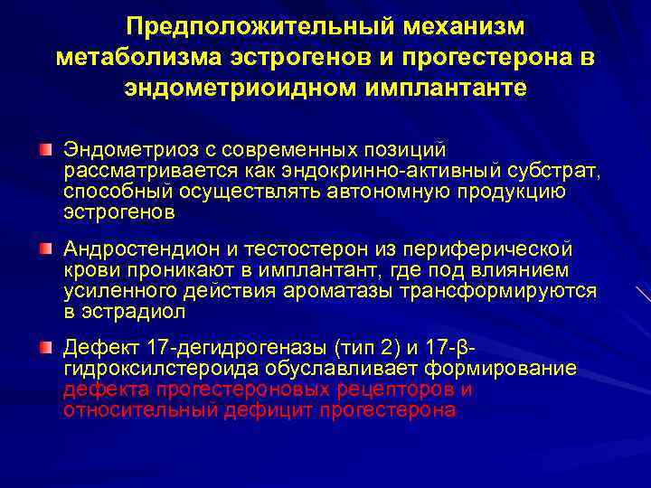 Предположительный механизм метаболизма эстрогенов и прогестерона в эндометриоидном имплантанте Эндометриоз с современных позиций рассматривается