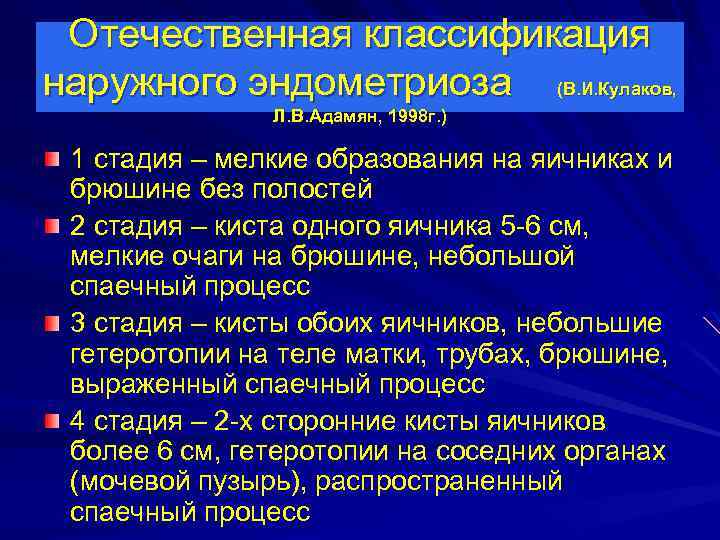 Отечественная классификация наружного эндометриоза (В. И. Кулаков, Л. В. Адамян, 1998 г. ) 1