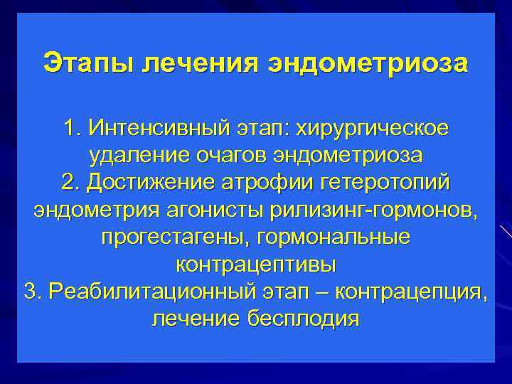 Этапы лечения эндометриоза 1. Интенсивный этап: хирургическое удаление очагов эндометриоза 2. Достижение атрофии гетеротопий