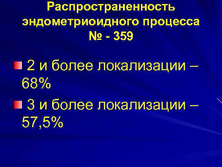 Распространенность эндометриоидного процесса № - 359 2 и более локализации – 68% 3 и