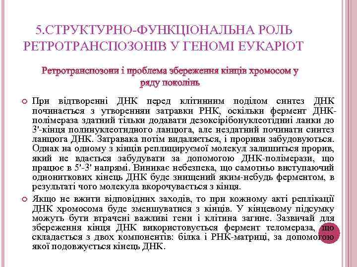 5. СТРУКТУРНО-ФУНКЦІОНАЛЬНА РОЛЬ РЕТРОТРАНСПОЗОНІВ У ГЕНОМІ ЕУКАРІОТ При відтворенні ДНК перед клітинним поділом синтез