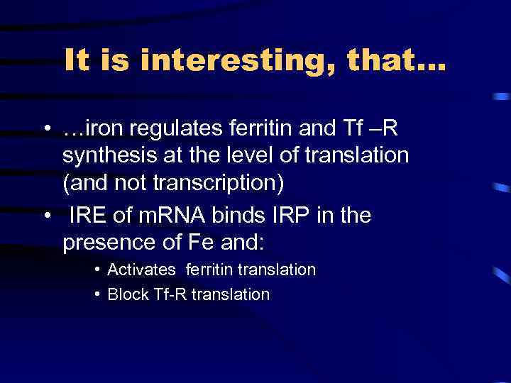It is interesting, that… • …iron regulates ferritin and Tf –R synthesis at the