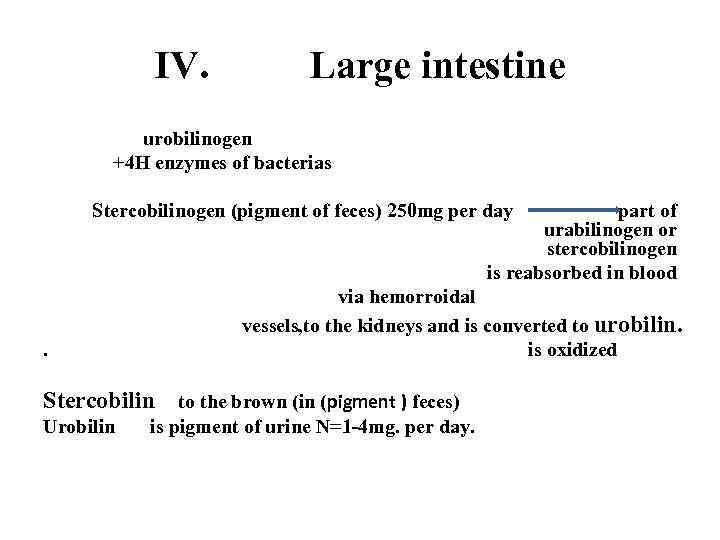 IV. Large intestine urobilinogen +4 H enzymes of bacterias Stercobilinogen (pigment of feces) 250