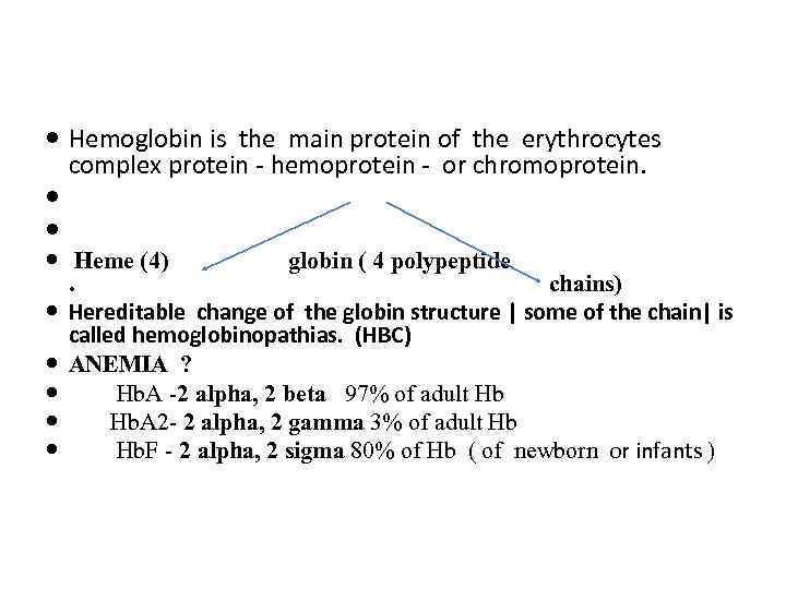  Hemoglobin is the main protein of the erythrocytes complex protein - hemoprotein -