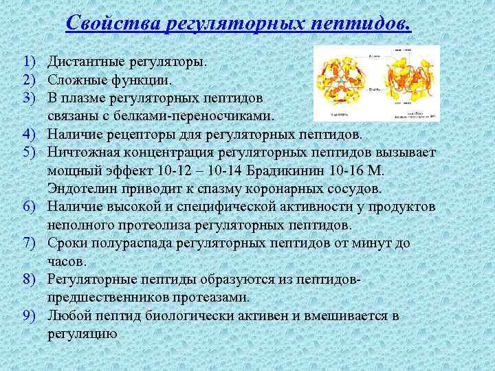 Свойства регуляторных пептидов. 1) Дистантные регуляторы. 2) Сложные функции. 3) В плазме регуляторных пептидов