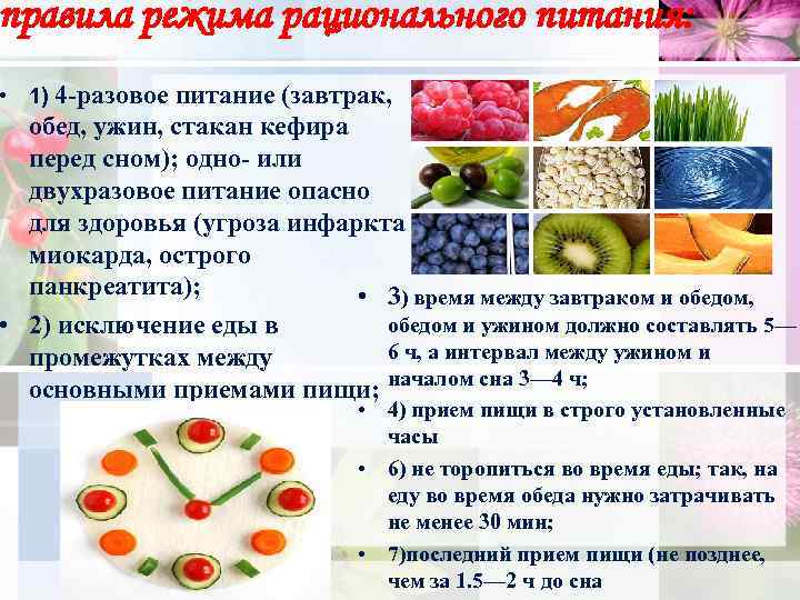правила режима рационального питания: • 1) 4 -разовое питание (завтрак, обед, ужин, стакан кефира