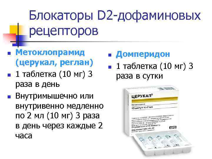 Блокаторы D 2 -дофаминовых рецепторов n n n Метоклопрамид (церукал, реглан) 1 таблетка (10