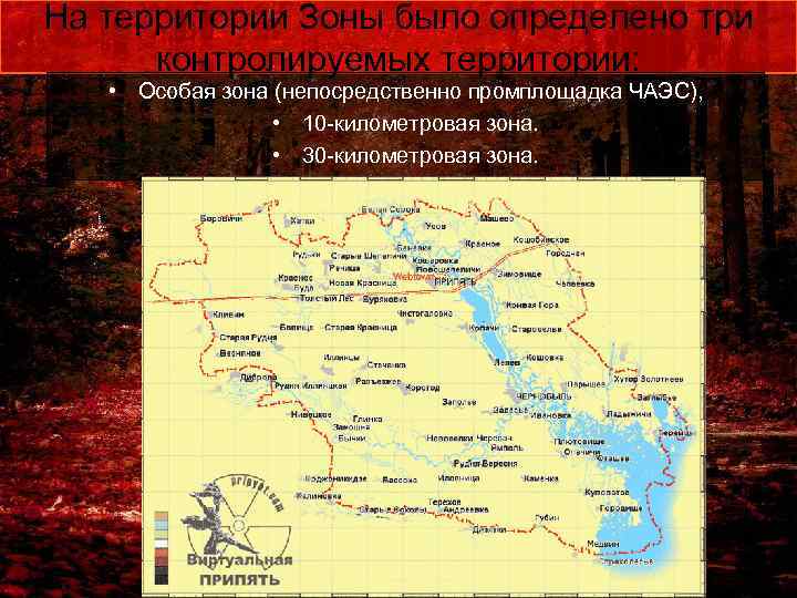 На территории Зоны было определено три контролируемых территории: • Особая зона (непосредственно промплощадка ЧАЭС),