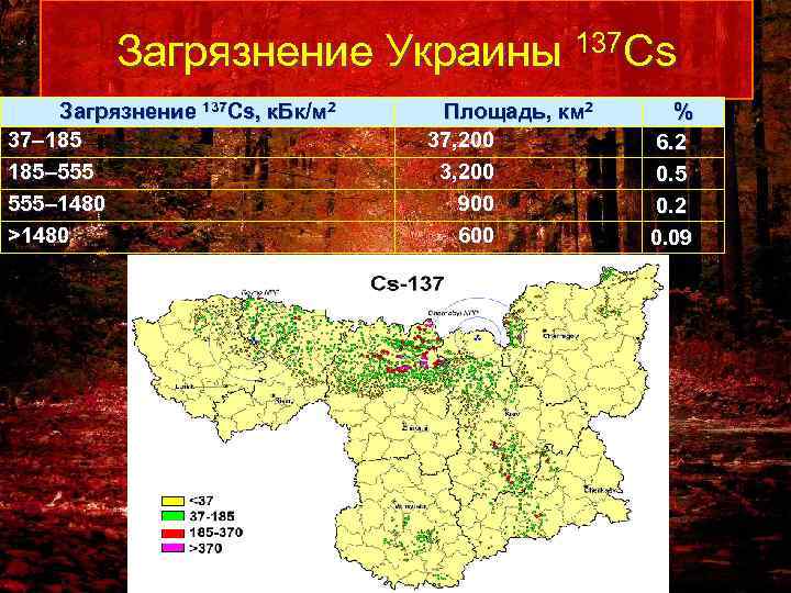 Загрязнение Украины 137 Cs Загрязнение 137 Cs, к. Бк/м 2 37– 185– 555– 1480