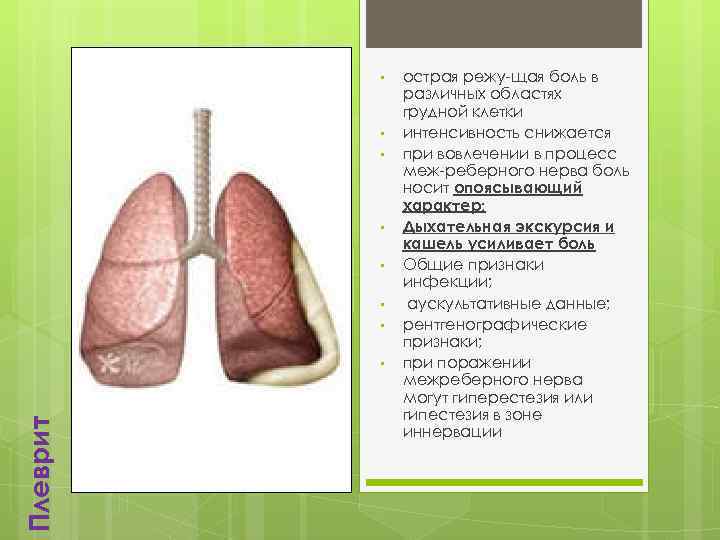  • • Плеврит • острая режу щая боль в различных областях грудной клетки