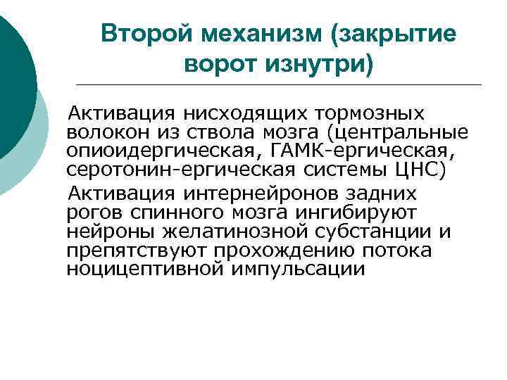 Второй механизм (закрытие ворот изнутри) Активация нисходящих тормозных волокон из ствола мозга (центральные опиоидергическая,