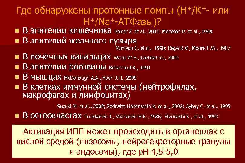 Где обнаружены протонные помпы (Н+/К+- или Н+/Na+-АТФазы)? n n В эпителии кишечника Spicer Z.