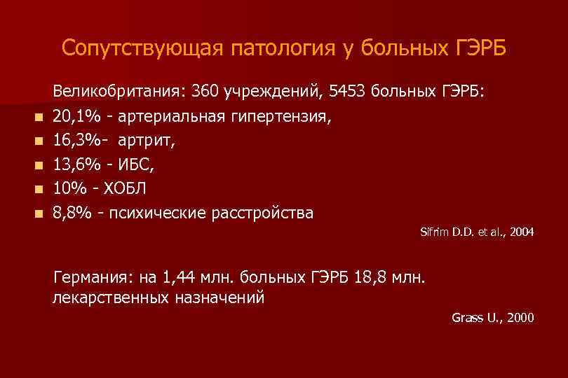 Сопутствующая патология у больных ГЭРБ n n n Великобритания: 360 учреждений, 5453 больных ГЭРБ: