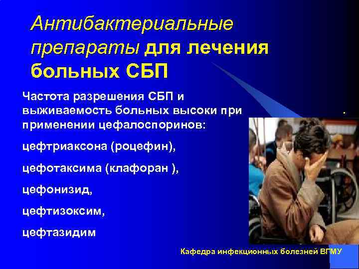 Антибактериальные препараты для лечения больных СБП Частота разрешения СБП и выживаемость больных высоки применении