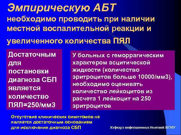 Эмпирическую АБТ необходимо проводить при наличии местной воспалительной реакции и увеличенного количества ПЯЛ Достаточным